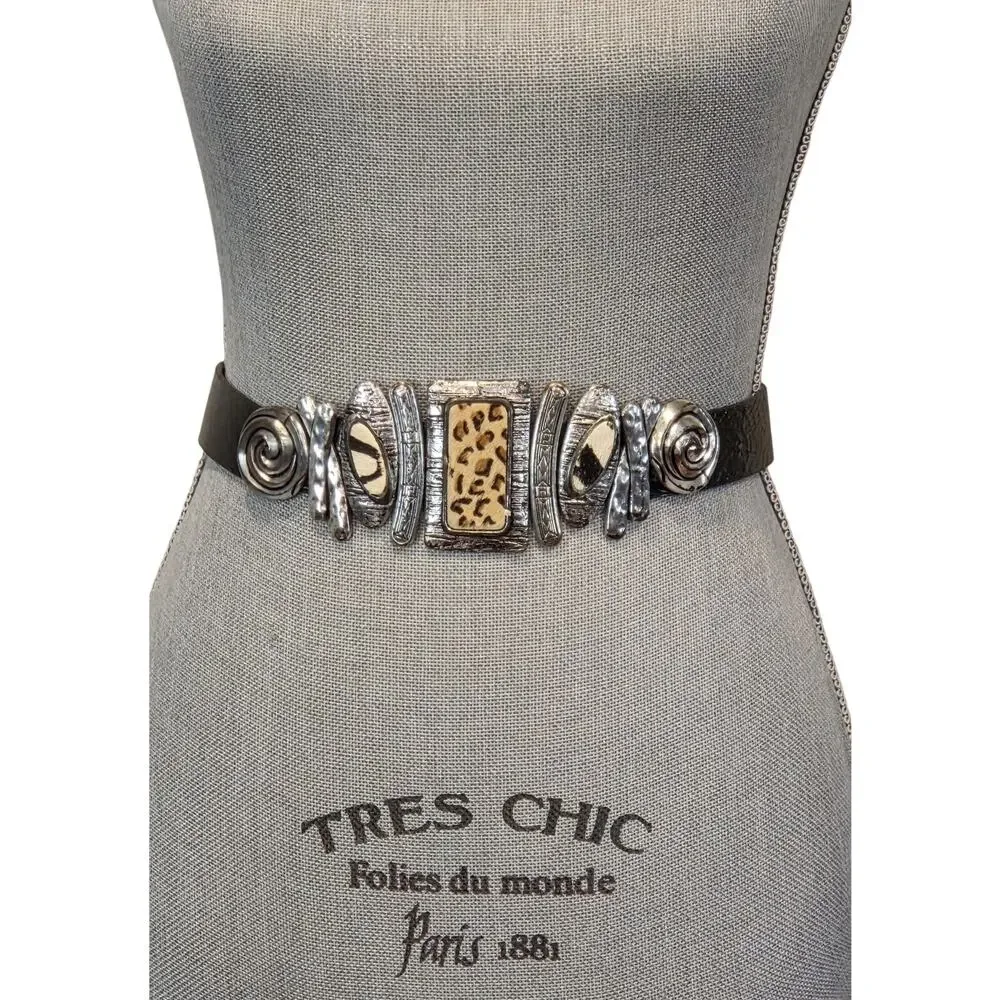 Chico’s Black Snake Embossed Leather Belt Animal Hair Abstract Silver Buckle S